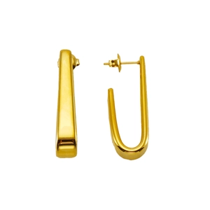 Detailed view of gold-tone U-shaped stainless steel earrings with glossy metal finish