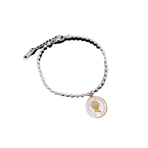 Minimalist stainless steel bead chain bracelet with vintage coin pendant and adjustable clasp