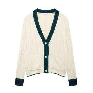 Women knit cardigan sweater with V-neck, cable knit texture and contrast stripe details