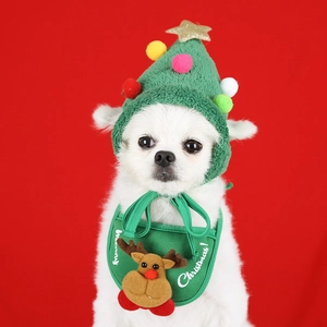 Detail of green plush Christmas tree hat and reindeer bib on pet against red backdrop