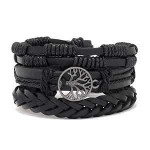 Men's multilayer black braided leather bracelet featuring a metal Tree of Life pendant