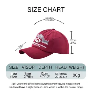Dolphin Hotel embroidery baseball cap in burgundy with detailed size chart specification