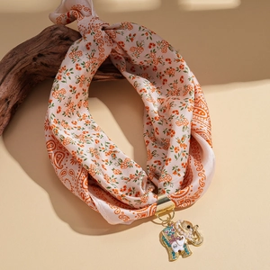 Floral silk scarf sweater necklace with elephant pendant and sparkling crystal rhinestones