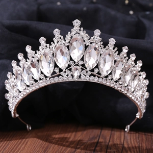 Close-up of sparkling crystal crown with marquise-cut stones and silver alloy base