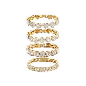 Set of 4 gold hip hop bracelets featuring heart, square, and round cz stones cuban links