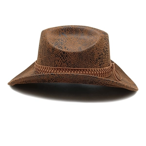 Detailed macro view of dark brown cowboy hat with snakeskin texture and braided band