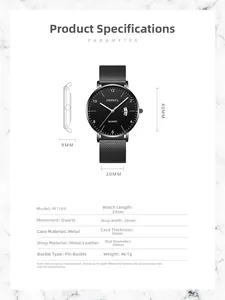 Detailed parameter diagram for Geneva men's watch showing 40mm dial and mesh band size