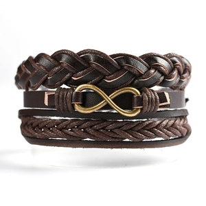 Vintage Multi-layer Leather Braided Bracelet With Alloy Infinity Symbol Charm Adjustable Wristband For Men Women Brown