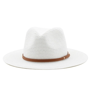 Classic white panama hat with a brown faux leather belt and gold rivet detail for summer