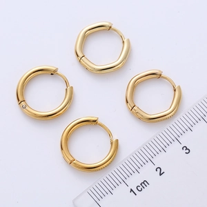 Minimalist 2.5mm gold hoop earrings in round and geometric shapes with size reference
