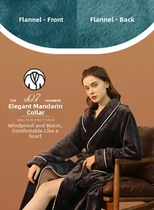 Detail of plush grey flannel bathrobe with shawl collar and elegant white piped trim