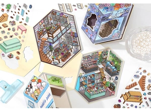 DIY mini shop sticker set featuring scenic paper models for journaling and scrapbooking