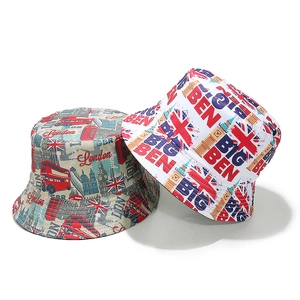 London themed bucket hat set featuring Union Jack, Big Ben, and red bus prints