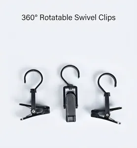 Three-pack of black plastic 360-degree rotating hooks with heavy-duty spring clips