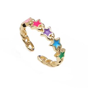 Colorful Enamel Star Open Ring Copper Gold Plated Adjustable Chain Link Texture Fashion Jewelry For Women