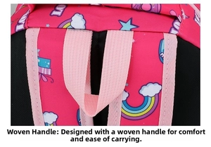 Close-up of reinforced pink woven handle and cartoon unicorn print on kids backpack
