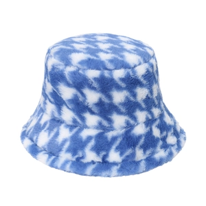 Blue and white houndstooth plush bucket hat in soft faux fur for winter warmth