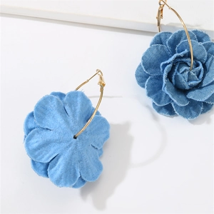 Denim blue fabric camellia flower earrings with large gold hoop hoops for women