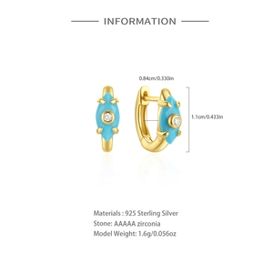 Detail view of 925 sterling silver turquoise huggie earrings with AAAAA zircon information