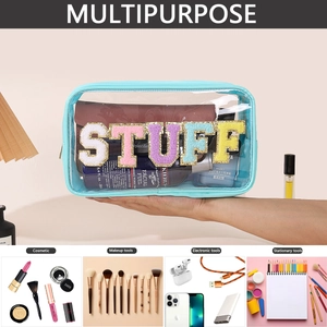 Detailed views of waterproof PVC bag with 'STUFF' patch for cosmetics and tech gear