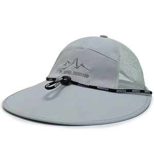 Light gray cotton wide brim baseball cap with mesh panels and embroidered mountain logo