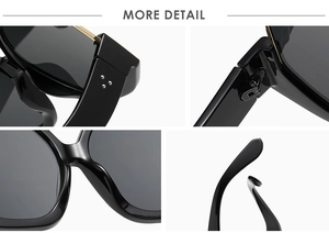 Detail of glossy black sunglasses with metal bridge and triple rivet hinge craft