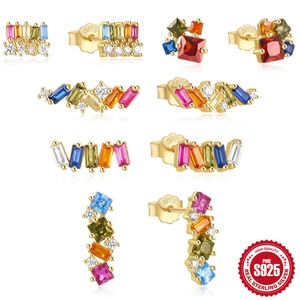 925 Sterling Silver Colorful Zirconia Geometric Long Stud Earrings Bohemian Rainbow Square Rectangular Ear Jewelry For Women