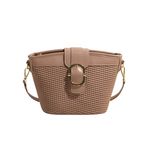 Brown woven leather shoulder bag with gold metal buckle and elegant textured finish