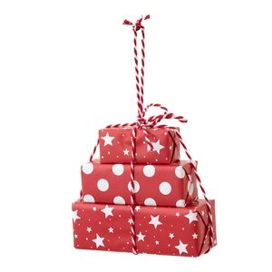 Set of three red Christmas gift boxes with white star patterns and cotton twine ties