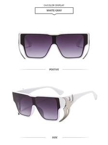 Front and side view of square oversized sunglasses with white frames and purple lenses