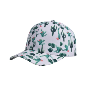 Stylish white baseball cap with green cactus and pink flower prints in 45-degree view