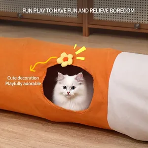 Foldable orange and white Oxford fabric cat tunnel toy with plush flower detail