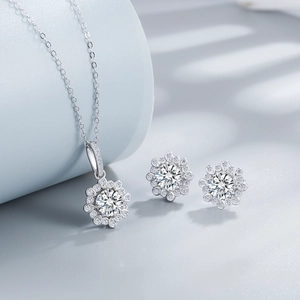 S925 sterling silver jewelry set featuring 6mm ice-cut sunflower pendant and earrings