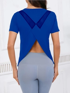 T-shirt de yoga bleu à manches courtes avec mesh respirant et dos croisé pour le sport