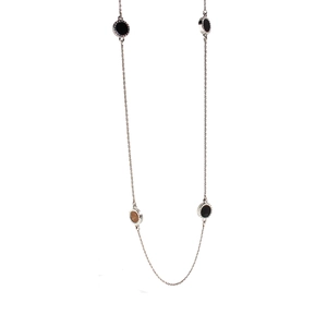 Silver twist chain sweater necklace featuring black and iridescent round enamel pendants