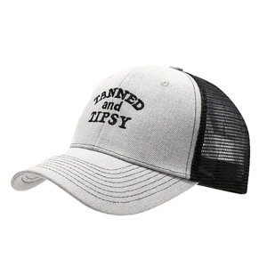 Outdoor mesh trucker hat in grey and black with TANNED and TIPSY 3D embroidery