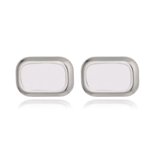 Macro shot of silver rectangular stainless steel stud earrings with reflective finish