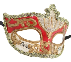 Detail of red and cream Venetian masquerade mask with music notes and gold trim