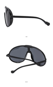 Detailed side and back views of black oversized sports sunglasses with dark grey lenses