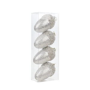 Set di 4 ornamenti natalizi a forma di ghianda argentata glitterata in scatola