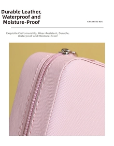 Detail of pink Saffiano leather jewelry box with waterproof texture and durable zipper