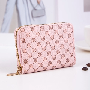 Pink mini PU leather coin purse with classic lattice clover print and gold zipper detail