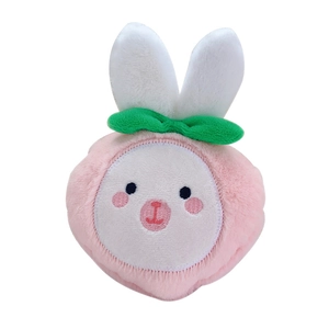 Cute pink peach-shaped plush coin purse with white bunny ears for storage