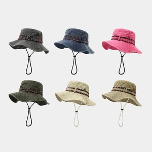 Washed Cotton Bucket Hat Sun Protection Wide Brim Fishing Hiking Ethnic Woven Band Adjustable Windproof Rope Unisex