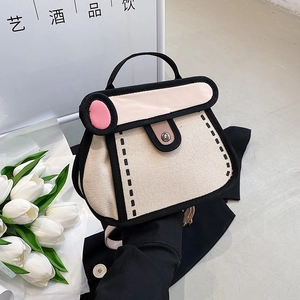 Creative 2D cartoon style canvas handbag with bold black outlines and pink polka dots