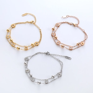 Double-layer stainless steel bracelets with beads and zircon discs in gold, rose gold, silver