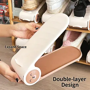 Double-layer adjustable shoe organizer with cute bear pattern in beige and brown