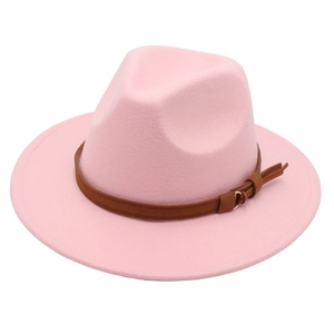 Pink wool fedora hat with brown leather belt buckle detail shown from a 45-degree angle