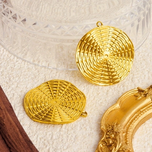 Polished 18K gold plated stainless steel disc pendants with intricate woven texture
