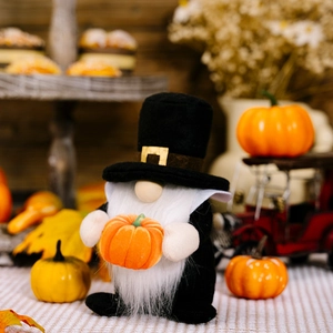 Close-up of a plush Thanksgiving gnome holding a pumpkin with autumn decor background